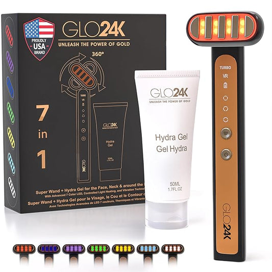 GLO24K 7 Color LED Super Wand Plus Hydra Gel for Radiant, Glowing Skin on The Face, Neck, and Around The Eyes