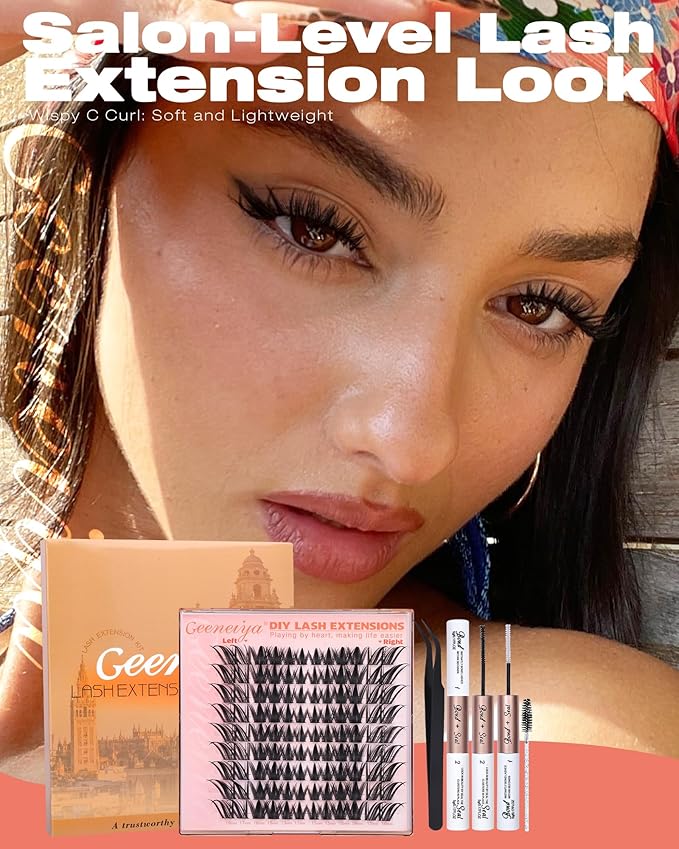 Geeneiya Manga Lash Clusters Kit, 11-19mm Fox Eye Lash Extension Kit, C Curl Left & Right Cat Eye Lashes, DIY Cluster Eyelash Extension Kit with Lash Bond and Seal Lash Tweezers for Beginners