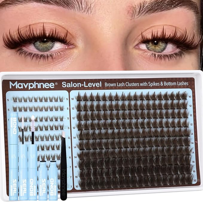 Brown Lash Cluster with Bottom Lashes Kit Spiky Individual Lashes Fairy Natural Eyelash Clusters Dark Brown Wispy Cluster Eyelash Extensions Kit with Lash Bond and Seal Clear (280Pcs, 5-16MM, D Curve)