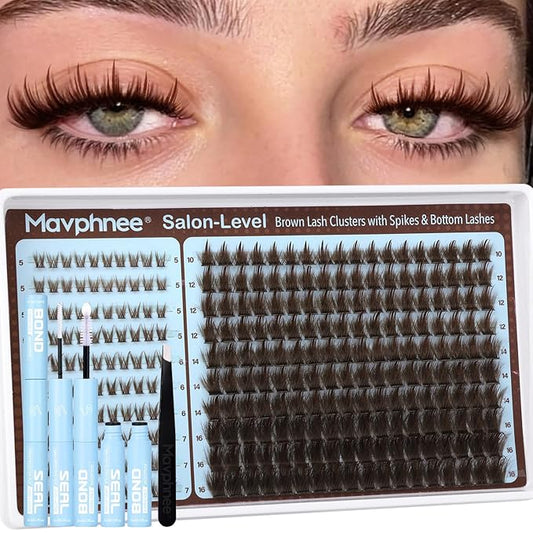 Brown Lash Cluster with Bottom Lashes Kit Spiky Individual Lashes Fairy Natural Eyelash Clusters Dark Brown Wispy Cluster Eyelash Extensions Kit with Lash Bond and Seal Clear (280Pcs, 5-16MM, D Curve)