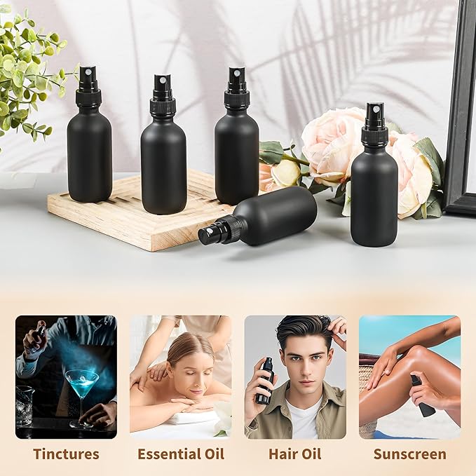 BILLIONSTARS 48 Pack 2oz Glass Boston Round Bottle with Fine Mist Sprayer - Black Frosted - Essential Oils, Bath, Beauty, Hair & Cleaning - Leakproof Travel Bottles