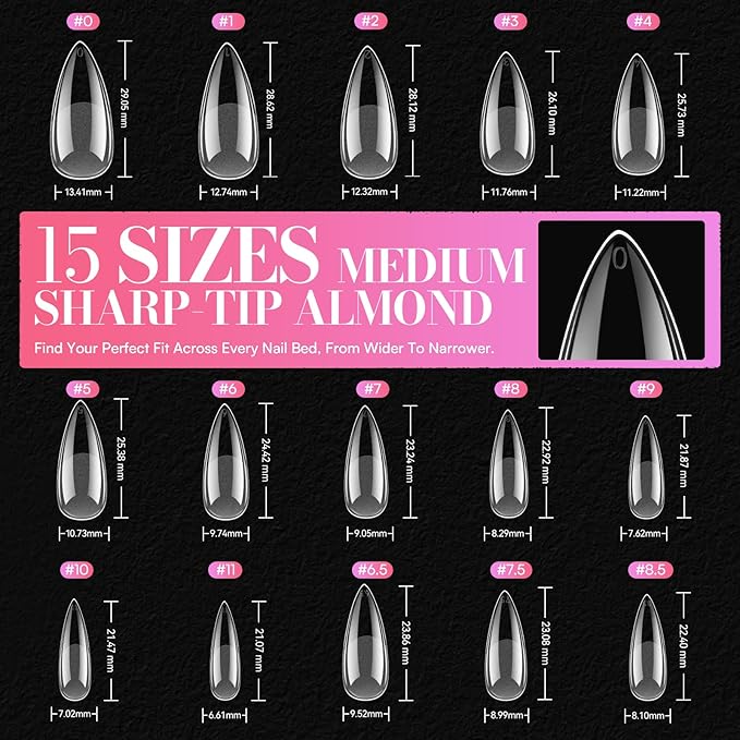 Makartt Long Stiletto Almond Nail Tips: Clear, 504 PCS, 15 Sizes, Half Matte, French Fake Nails Stiletto Shapes - Pre-Etched Full Cover Soft Acrylic Press On Nails Extension DIY Art Salon