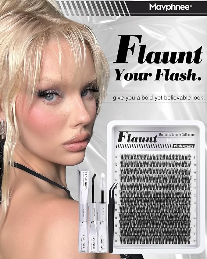 Flaunt Lash Clusters Kit Wispy Cluster Eyelash Extensions Kit CD-Curly Natural Individual Lashes DIY Lash Extension Kit 132Pcs Flora Cluster Lashes with Bond and Seal and Tweezers by Mavphnee (8-18MM)