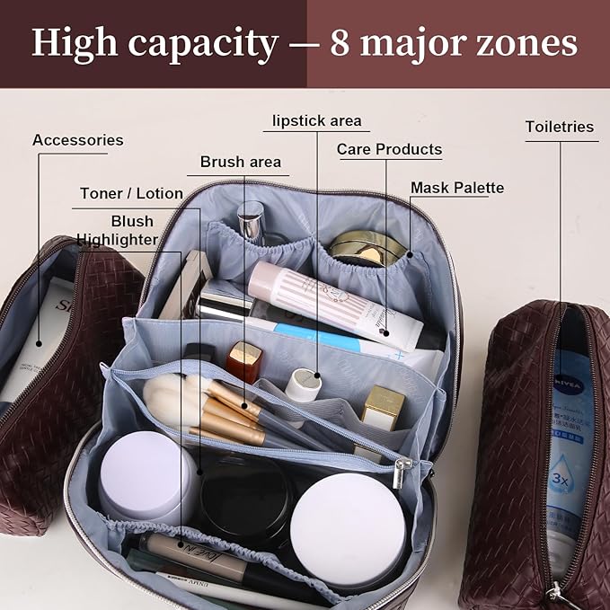 BOYATU Travel Makeup Bag Cosmetic Bags for Women: Large Capacity 3 Pcs Set Make up Bag with Compartments - Waterproof Vegan Leather Toiletry Organizer Bags with Handle (L14 Wine red)