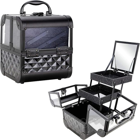 Ver Beauty Makeup Box Cosmetic Train Case with Clear Armored Acrylic Jewelry Organizer with 2 Tiers Trays and Mirror Lockable Portable Travel Cosmetic Display Aluminum Case (Black Diamond)