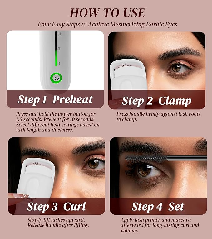MZYMZYD Heated Eyelash Curler, Eyelash Curlers with 3 Temp Settings, 10S Quick Heat-Up, 24H Long-Lasting Natural Curl, Type-C Recharge, Mini Electric Eyelash Curler for Women - White