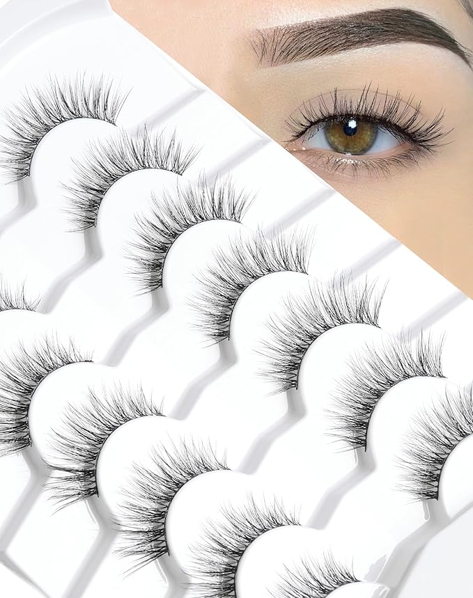 Natural Looking Lashes Wispy Eyelashes Thin Band Strip False Lashes D Curl Reusable Cat Eye Effect False Eyelashes 13mm 7 Pairs S7