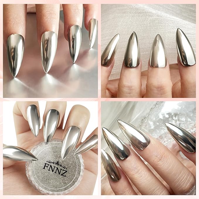 FNNZ Chrome Nail Powder, Champagne Silver Metallic Nail Powder Pigment Premium Mirror Effect Salon Nail Art Glitter Dust for Gel Polish Decoration Home DIY Nail Manicure Supplies