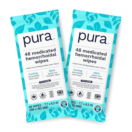Pura XL Flushable Medicated Wipes for Hemorrhoid Relief, Extra-Large, Fragrance-Free Wet Wipes with Witch Hazel, Coconut Oil & Aloe, Skin Soothing, 96 Wipes (2 Packs)