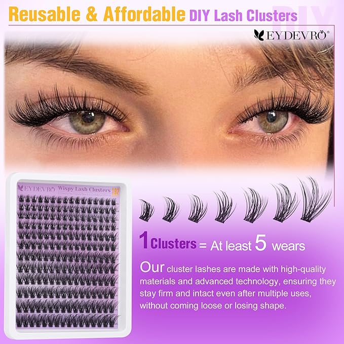 EYDEVRO Wispy Lash Clusters Natural Eyelash Clusters 9-18mm Cluster Eyelash Extensions CD Curvature 192 Pcs Manga Cluster Lashes Individual Lashes DIY Lash Extensions