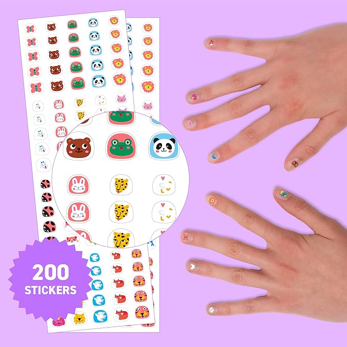Omy Friends & Animals Nail Stickers for Kids - 200 Stickers, Waterproof, Durable, Fun, Creative Designs | Strong Enough to Last Through Hand Washing - Easy to Apply, Safe, Non-Toxic | Age 3 and Up