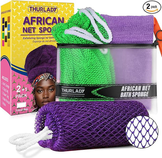 THURLADY African Net Sponge, 2 Pack African Bath Sponge Scrub Net, Gentle Exfoliation for Daily Shower Use, Purple and Green