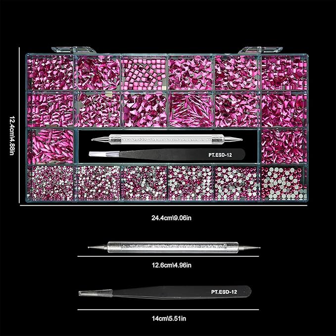 Yzzseven 14 Types of 700 Rose Pink Diamonds + 2100 Flat Rhinestones Mix 20 Styles Flatback DIY Crafts Rhinestone Crystals 3D Ornament‌s Flat Back Stones Set + Tweezers + Drill Pen