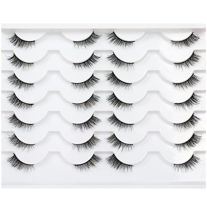 Pooplunch Half False Eyelashes Wispy Cat Eye Look Natural Volume Short Accent Lashes Faux Mink Fake Eyelashes Strips 14 Pairs Pack, Black