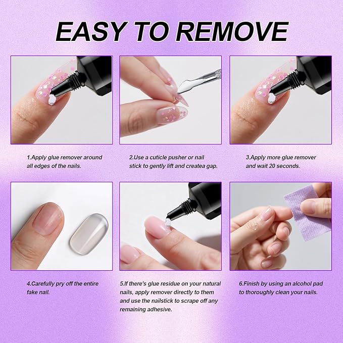 2pcs Nail Glue for Press On Nail with Cuticle Pusher Set, No UV Needed, Quick Dry Strong Semi Solid Glue for Press On, Long Lasting Adhesive for Fake Acrylic Nails