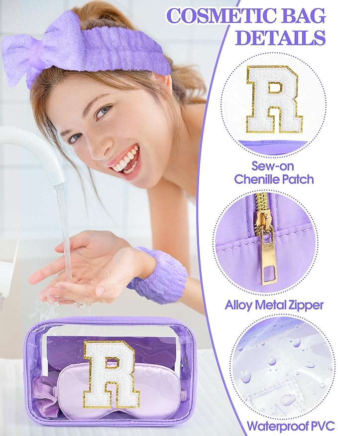 Gift Sets for Women, Initial Makeup Bag with Makeup Brush Set Bachelorette Party Favors, Purple Spa Kit with Skincare Headbands Wrist Bands Sleepover Party Supplies Gifts for Teen Girls Bridesmaid R