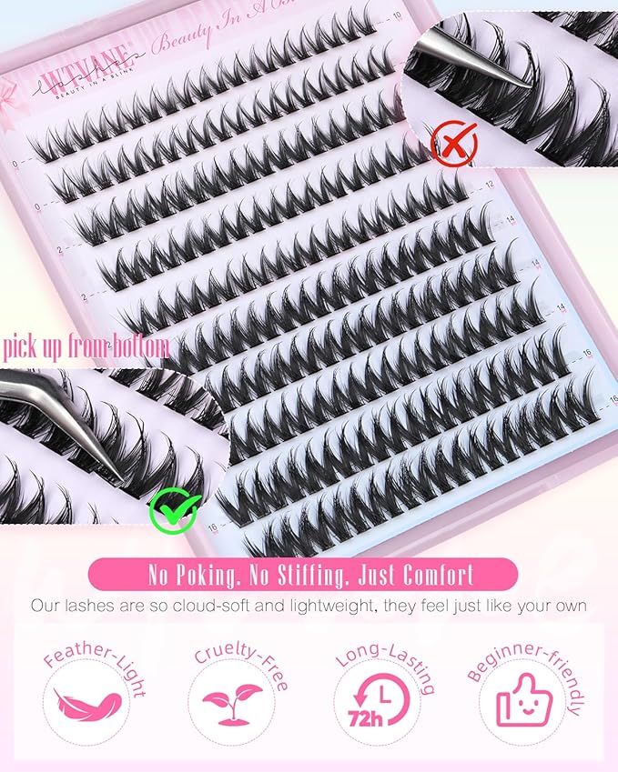 Wtvane Fairy Lash Clusters Wispy Eyelash Clusters Natural 10-16MM Lash Extensions 200Pcs Individual Lashes Clusters CD Curl Cluster Eyelash Extensions with Thin Lash Bnad DIY Manga Look at Home