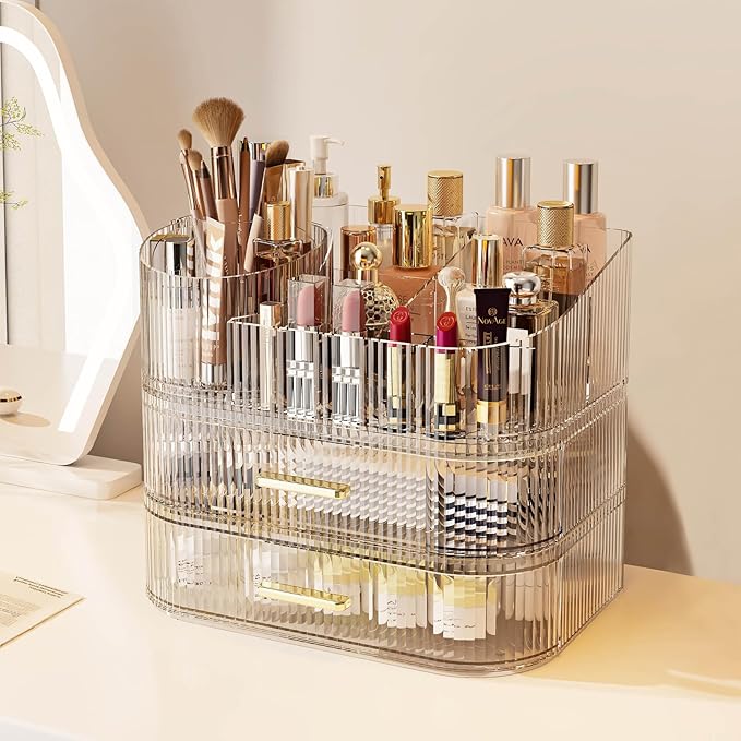Makeup Organizer with 360 Rotating Brush Holder and Stackable Drawers, Cosmetic Display Case for Vanity, Bathroom Countertop (Clear, 3 Layer)