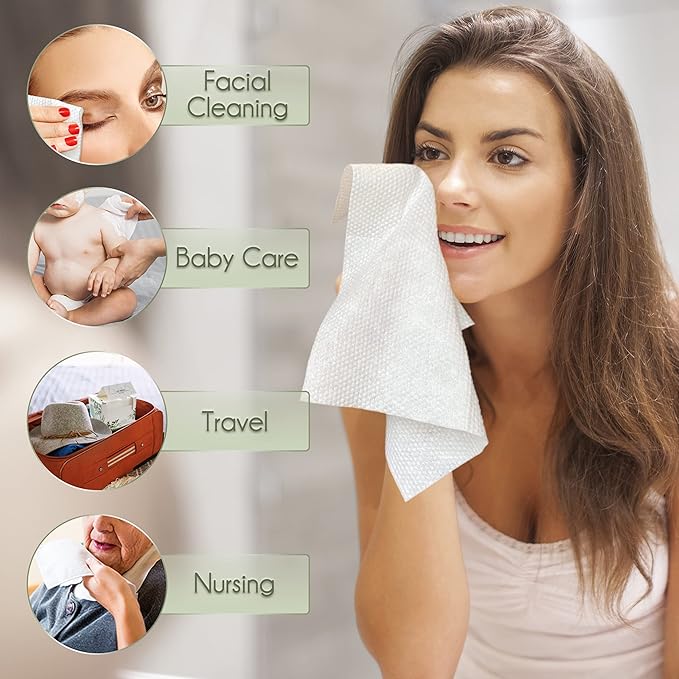 WOWOTEX Disposable Face Towel Biodegradable Large Dry Face Wipes 120 Count/2 Box Extra Thick Soft Clean Facial Towels for Sensitive Skin, Makeup Removing, Facial Cleansing, Nursing, Travel, 10"×12"
