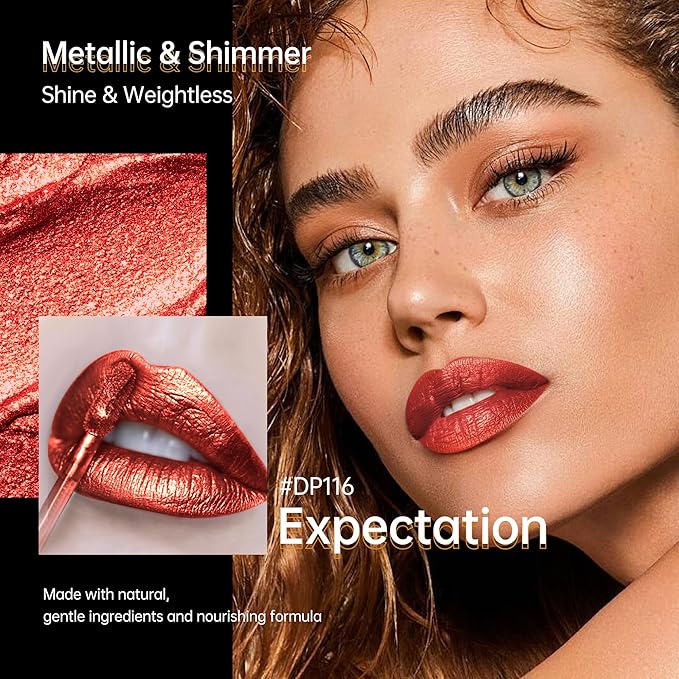 Depuplum Red Lipsticks for Women Metallic Lipstick Long Lasting Non Stick Cup Lip Gloss, Shimmer Lightweight Hydrating Full Coverage Lip Color, DP116 Expectation