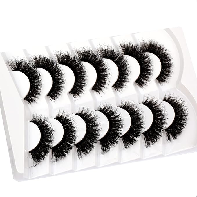 Pooplunch False Eyelashes Cat Eye Look 18MM Dramatic Volume Thick Wispy Long Faux Mink Lashes Fake Eyelash Strips 7 Pairs Pack