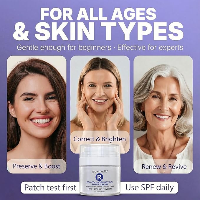 Glowmedik Pro-Collagen Retinol Super Cream w/Hyaluronic Acid, Vitamin E & Aloe | Anti Aging + Facial Moisturizer for Fine Lines, Uneven Tone & Dry Skin | Retinol Cream for face moisturizer 50ml