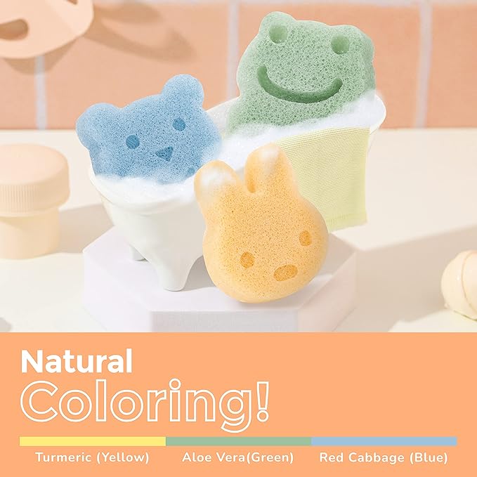 myHomeBody Konjac Baby Sponge for Bathing, Cute Shapes Natural Kids Bath loofah for Infants, Toddler, Newborns, Safe Plant-Based, 3pc. Set: Rabbit, Frog, Bear face