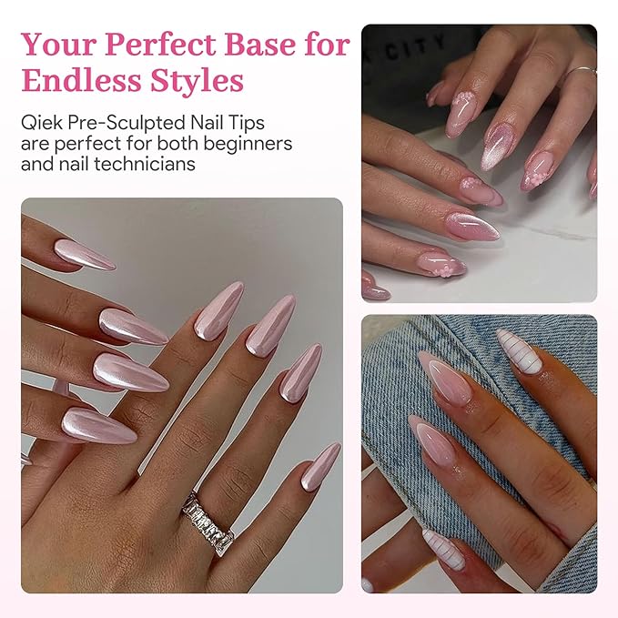 Qiek Medium Almond Pre-Building Nail Tips, 15 Sizes 240 PCS Pre-shaped Apex Pink Soft Press On Fake Nail Half Matte Gel Nail Extensions Strong Thick Acrylic Tip for DIY Beginners & Salon Manicure
