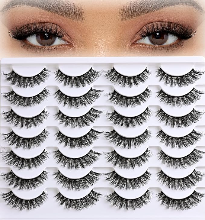 Lashes False Eyelashes Cat Eye Lashes Mink Lashes Wispy 14 Pairs Fake Eyelash Natural Lash Strips Fluffy Eye Lashes Pack Short Strip Lashes Natural Look Wispies Cateye Lashes for Women