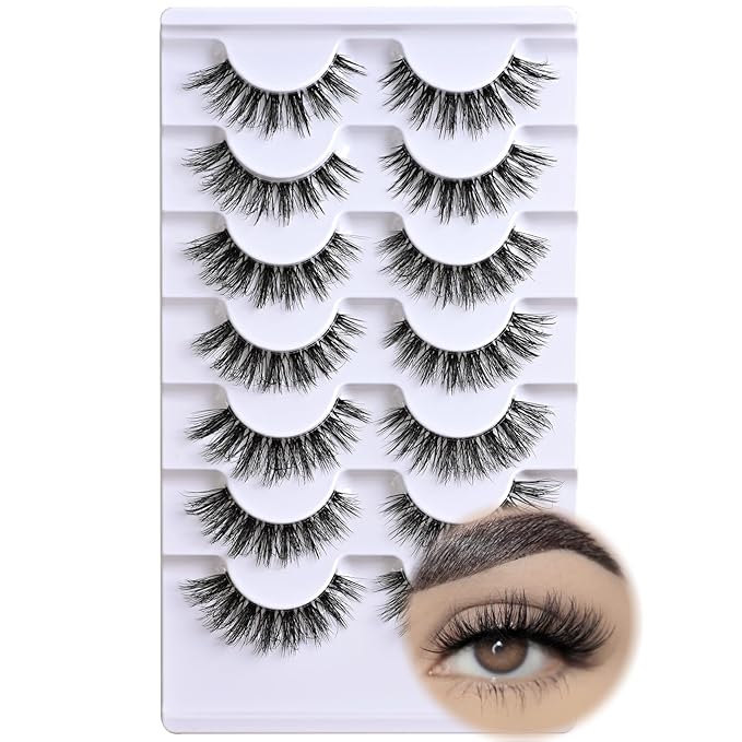Lashes Wispy False Eyelashes Natural Cat Eye Strip Lash Fluffy Fake Lashes Strips Clear Band Mink Eyelash Natural Look Cateye Demi Wispies Eye Lashes Pack 7 Pairs Short Full Pestañas Set