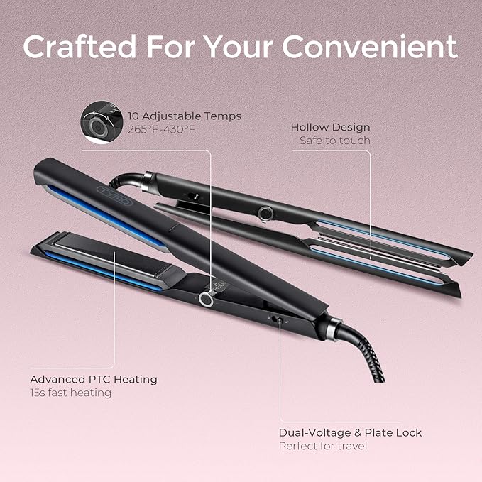 TYMO 2.0 Flat Iron Hair Straightener - Professional Long Ceramic Plate 2 in 1 Straightener & Curler for Fast Smooth Styling, Hair Straighteners for Women with Hollow Design to Boost Curls, 500M Ions