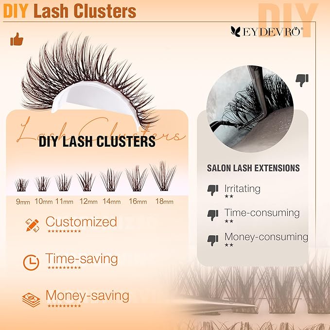EYDEVRO Brown Lash Clusters Natural Wispy Eyelash Clusters 9-18mm Dark Brown Cluster Eyelash Extensions CD Curvature 192 Pcs Manga Fairy Cluster Lashes Individual Lashes DIY Lash Extensions