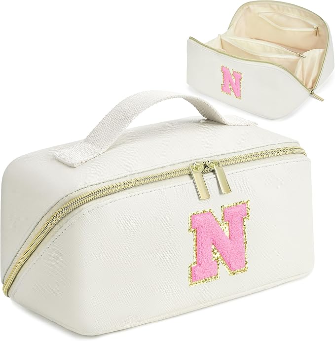 for Valentines Day Gifts, Makeup Bag for Women, PU Leather Travel Toiletry Bags, Initial Make Up Cosmetic Pouch for Teen Girls, Wide Open Portable Skincare Bag, Personalized Birthday Gifts, White N