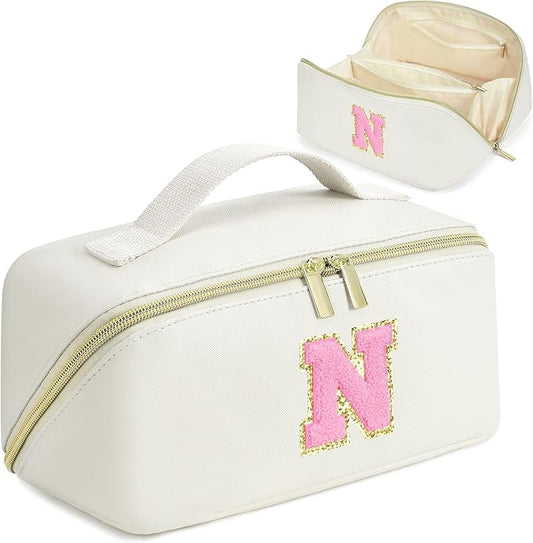 for Valentines Day Gifts, Makeup Bag for Women, PU Leather Travel Toiletry Bags, Initial Make Up Cosmetic Pouch for Teen Girls, Wide Open Portable Skincare Bag, Personalized Birthday Gifts, White N