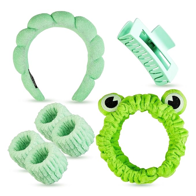 Yaqulen 7 Pcs Spa Set, Facial Spa Headband and Wristband Set, Skincare Headband, College Style Girl Gift, Hair Accessories for Women and Girls (Green) ﻿