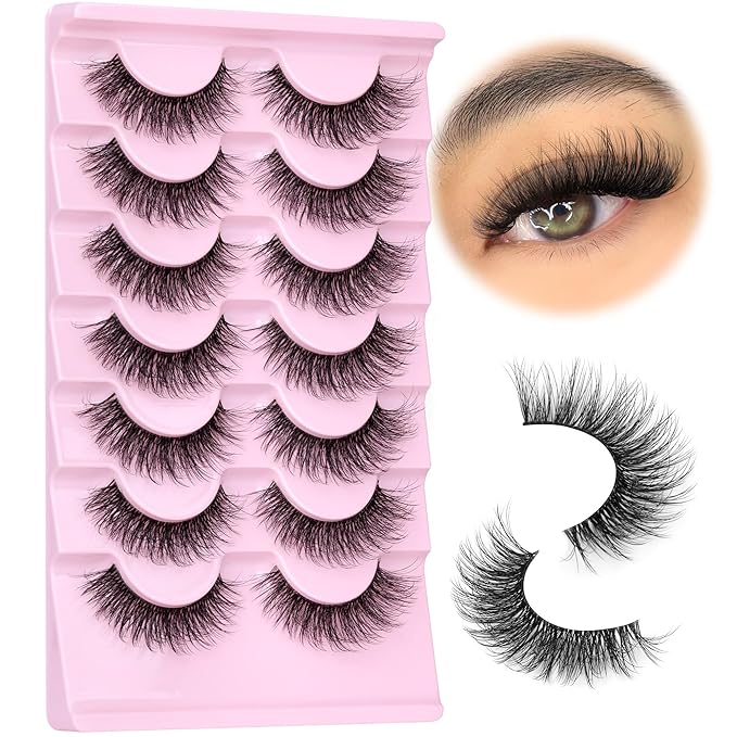 Mink Lashes Wispy False Eyelashes Clear Band Fake Strip Lashes Natural Look 18 mm Cat Eye Eyelashes Pack Pestañas Postizas Naturales Soft 3D Lashes, 7 Pairs