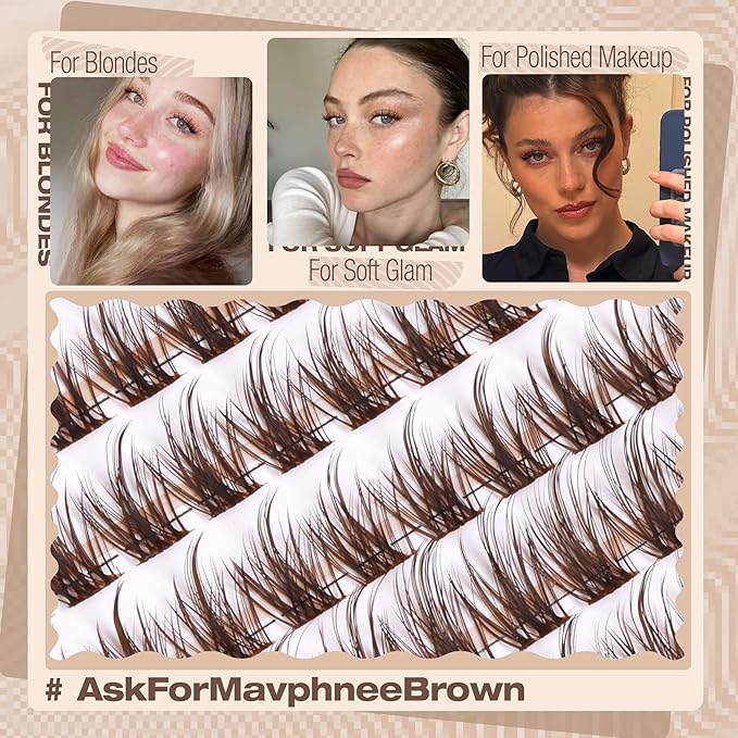Brown Lash Clusters Kit Wispy Eyelash Extensions Kit Fairy Dark Brown Individual Lashes with Lash Bond and Seal 8-16MM C-Curly Clean Girl Beauty Natural Cluster Lashes (144Pcs, Brown Lash Glue)