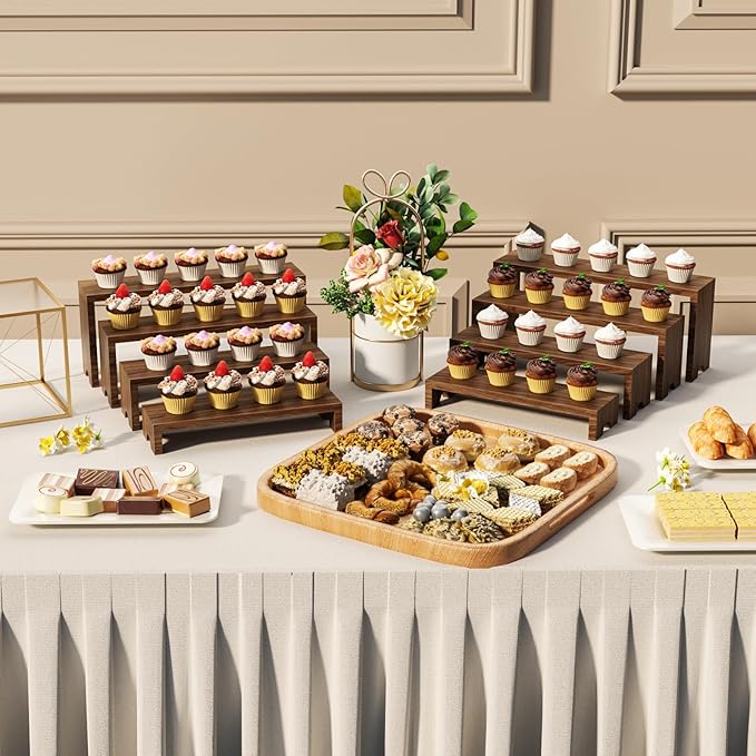 4 Tier Large Display Wooden Riser Stand 1 Set Decorative Rectangular Wood Racks 4 Pieces Stackable Perfume Organizer Cologne Stand Wood Dessert Table Display Set for Vendor Events (Dark Brown, 4PCS)