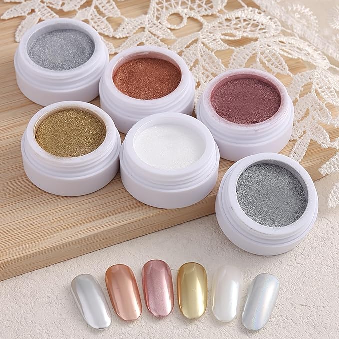 SUTOKAKA 6 Jars Chrome Nail Powder Iridescent Aurora Metallic Mirror Effect Nail Chrome Glitter Pearlescent Mermaid Pigment Rub on Dust for Manicure Home Salon