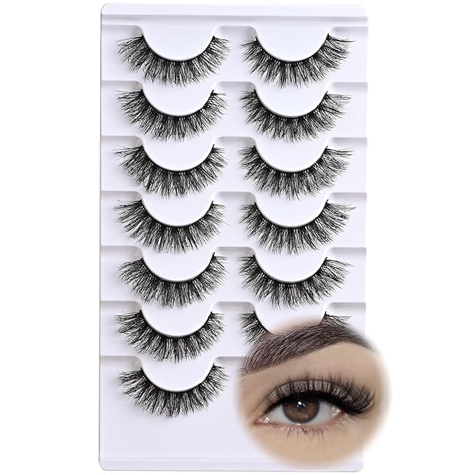 Lashes Wispy False Eyelashes Natural Cat Eye Strip Lash Fluffy Fake Lashes Strips Mink Eyelash Natural Looking Cateye Demi Wispies Eye Lashes Pack 7 Pairs Short Full Pestañas Postizas Set