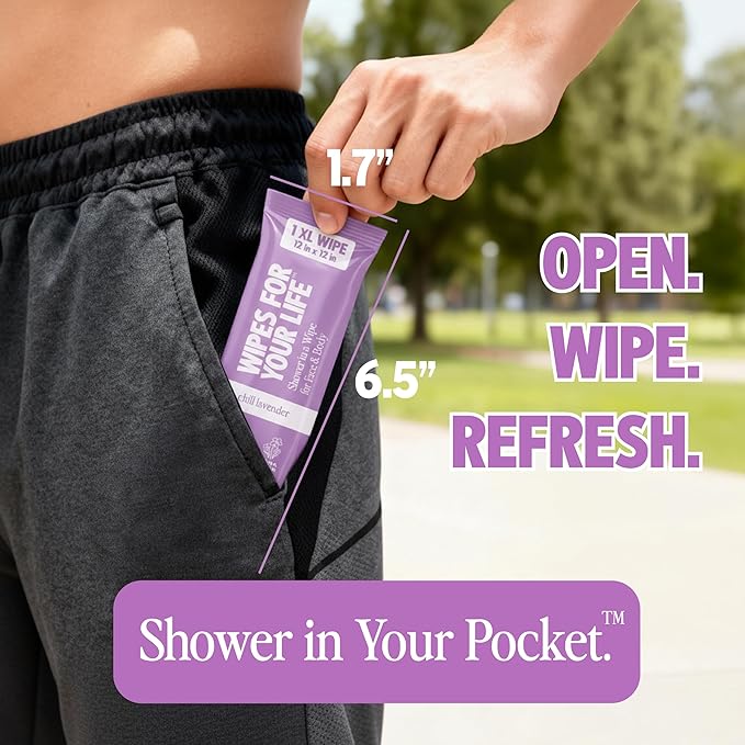 HyperGo XL Body Wipes for Women & Men – 12" x12" Rinse-Free Full Body Cleansing 30 Count Pack - Lavender | Biodegradable, Hypoallergenic, Aloe-Infused | Gym, Festival, Camping Essentials
