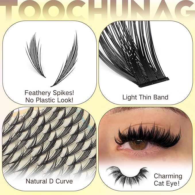 TOOCHUNAG Anime Spikes Lash Clusters 80D+100D Spiky Cluster Eyelash Extensions Volume Eyelash Clusters for DIY Plume Flake Lashes Extension 4 Styles Long Wispy individual Lashes (280pcs-12-23mm)