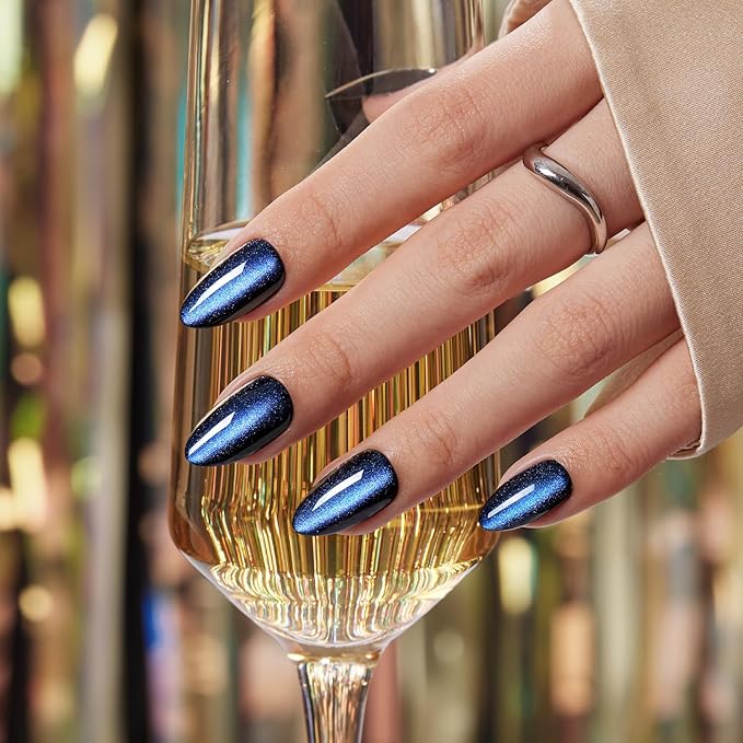 VSALON Press on Nails Short Almond - Blue Cat Eye Chrome Glue On Nails Kit for Women, Reusable Opaque Gel Stick on Nails with Glue & Cuticle Oil - 32 PCS Fake Nails in 16 Sizes (Midnight Tide)
