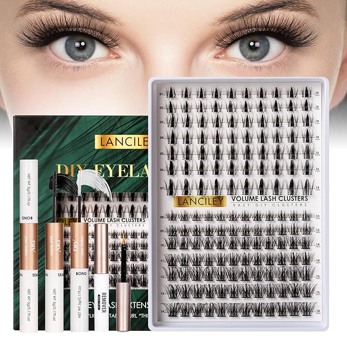 Lash Clusters Kit Natural Eyelashes 154pcs Individual Lashes 10-18mm Cluster Eyelash Extensions Wide Band Eyelash Clusters Volume False Eyelashes Lash Extension Kit With Bond & Seal & Remover-M32+M35