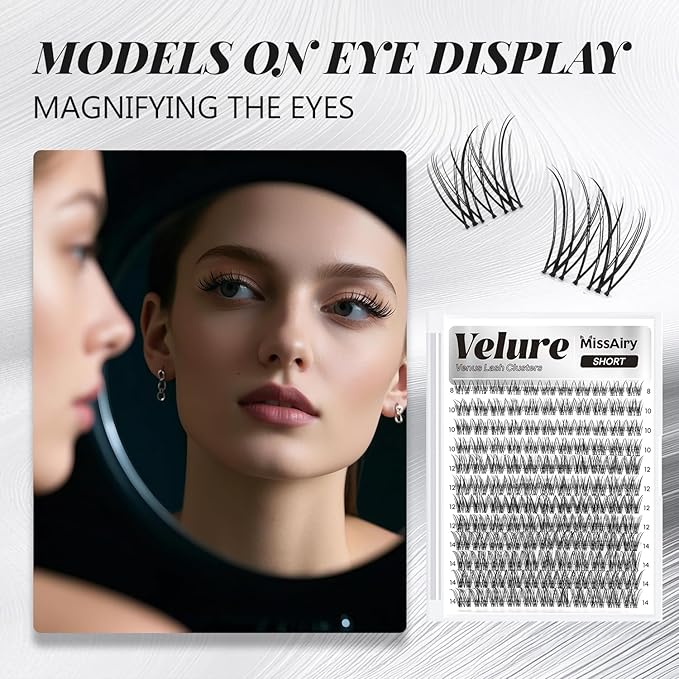 MissAiry Velure Lash Clusters Eyelash Extensions Natural Lashes Short Lash Clusters 8-14MM Eyelash Clusters Natural with Invisible Band Venus D Curly Lashes Diy at Home(Velure 8-14MM)
