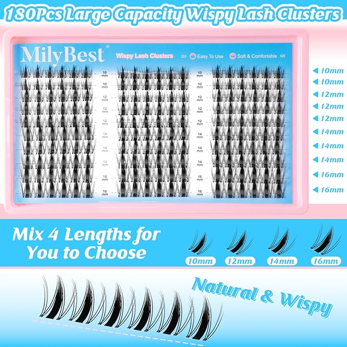 MilyBest Fairy Lash Clusters Kit Manga Eyelash Clusters Wispy Cluster Eyelash Extensions 180Pcs CC Curl Fluffy Lash Extension Kit with Bond&Seal 10-16mm DIY Spiky Individual Lashes Natural Look