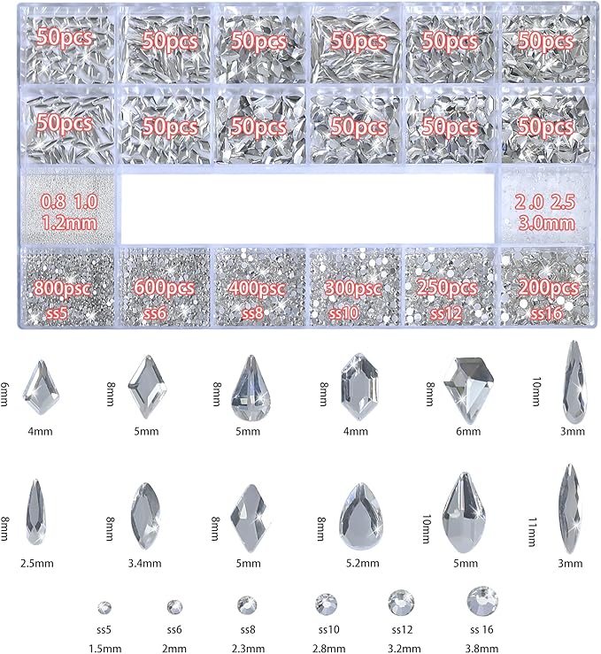Nail Art Rhinestones - 12 Types of 600 Crystal White Diamonds, 3D Flatback DIY Pearls, Gems, Beads, Flat Back Stones Set, with Kit, for Nail Art Decor