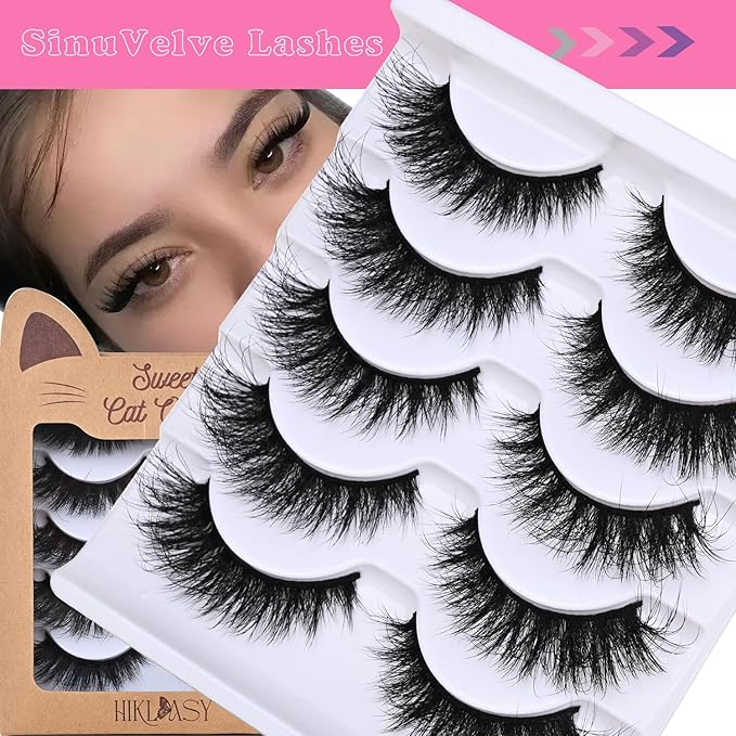 SinuVelve Full Wispy Lashes 5D Extra Volume Cat Eye Fake Mink Lashes 14mm D Curve Lash Strips Eye Lash Reusable 25 Times Easy For Beginner Eyelashes With Soft Thin Band By Hiklasy