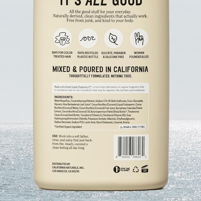 California Naturals Body Wash for Women and Men, Vitamin E Shower Gel Cleanser, Natural, Vegan & Cruelty Free, Paraben & Sulfate Free, Moisturizing Skin, Coconut, All Skin Types, 16.5 fl oz