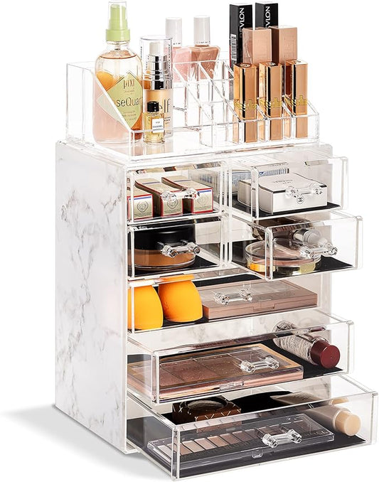 Sorbus Acrylic Makeup Organizer Set, 7-Drawer Vanity & Countertop Cosmetic Storage with Small & Wide Compartments, Marble Print Makeup Storage for Brushes, Jewelry – Holiday Gift for Women & Teens